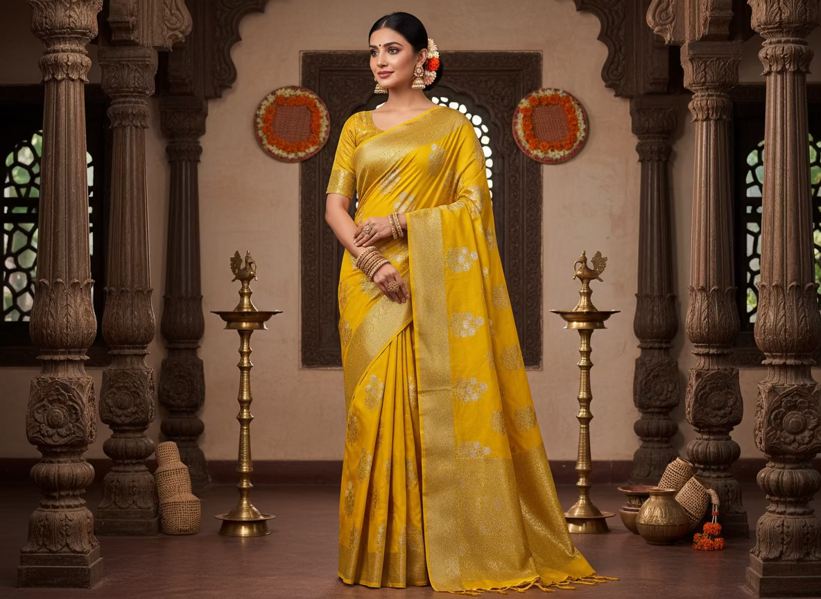 ಹಳದಿ ಬನಾರಸಿ ಕಟಾನ್ ಜಾರ್ಜೆಟ್ ಸೀರೆಯೊಂದಿಗೆ ಚಿನ್ನ ಮತ್ತು ಬೆಳ್ಳಿ ಮೀನಾಕ್ಷಿ ಬುಟ್ಟಾ - ಸಾಂಪ್ರದಾಯಿಕ ಉಡುಗೆ