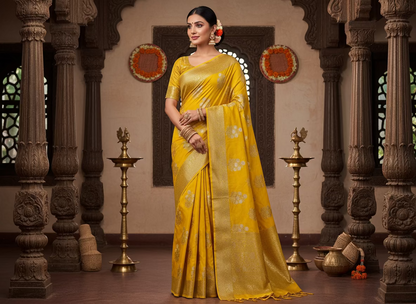 ಹಳದಿ ಬನಾರಸಿ ಕಟಾನ್ ಜಾರ್ಜೆಟ್ ಸೀರೆಯೊಂದಿಗೆ ಚಿನ್ನ ಮತ್ತು ಬೆಳ್ಳಿ ಮೀನಾಕ್ಷಿ ಬುಟ್ಟಾ - ಸಾಂಪ್ರದಾಯಿಕ ಉಡುಗೆ