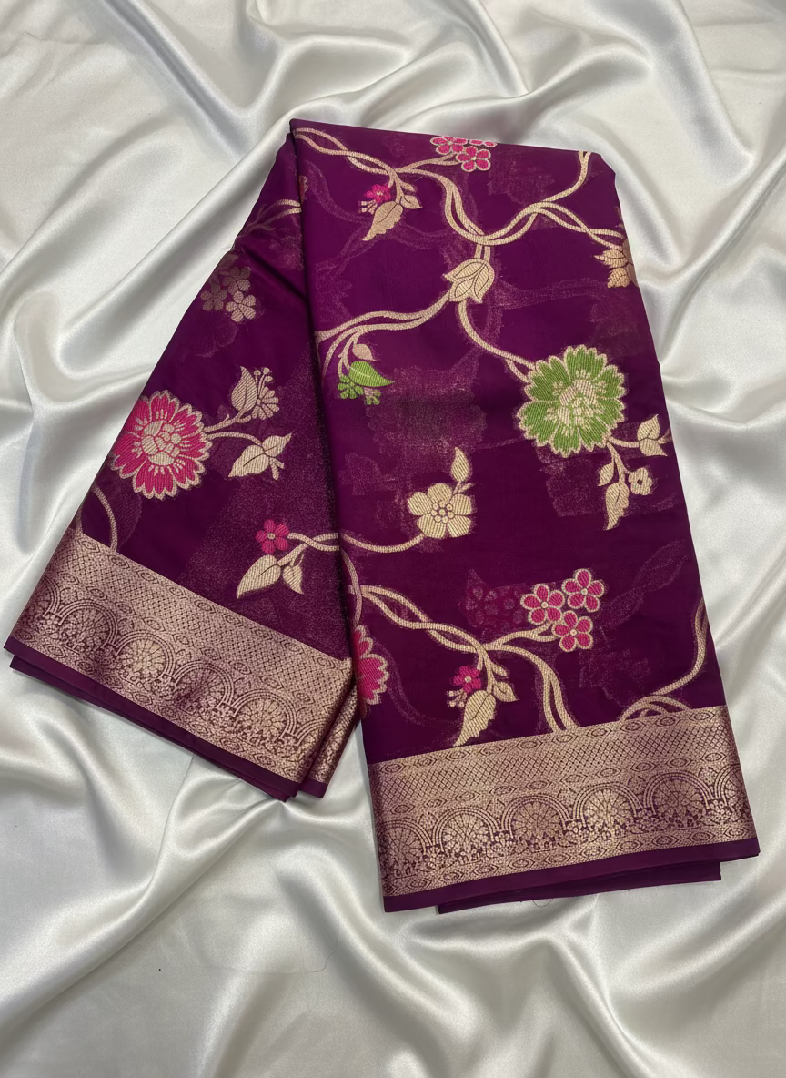 Maroon Banarasi Katan Georgette Saree with Multicolour Flower Meenakari Pattern - Traditional Wear