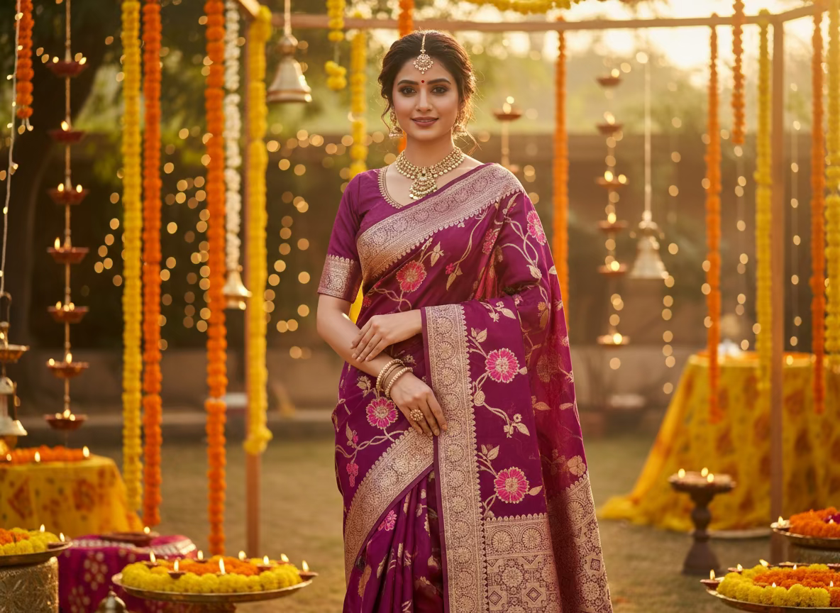 Maroon Banarasi Katan Georgette Saree with Multicolour Flower Meenakari Pattern - Traditional Wear