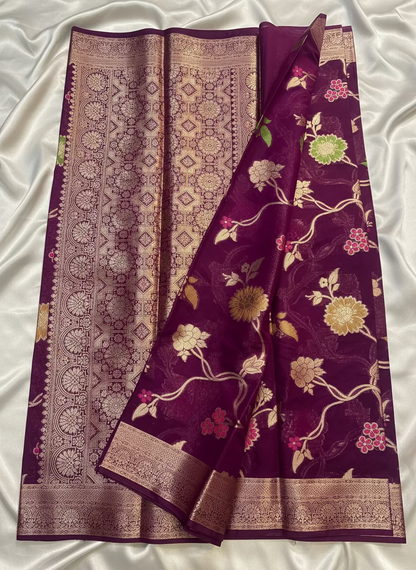 Maroon Banarasi Katan Georgette Saree with Multicolour Flower Meenakari Pattern - Traditional Wear