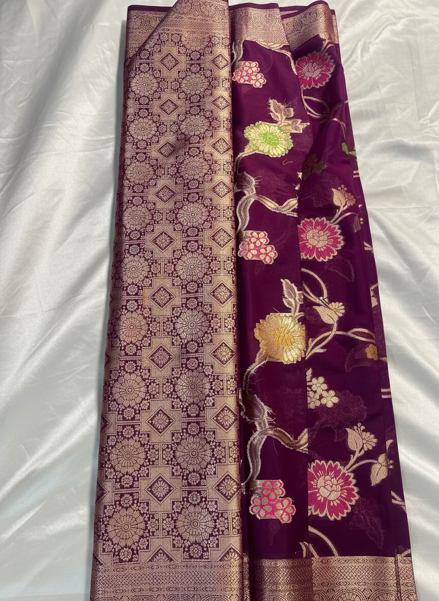 Maroon Banarasi Katan Georgette Saree with Multicolour Flower Meenakari Pattern - Traditional Wear