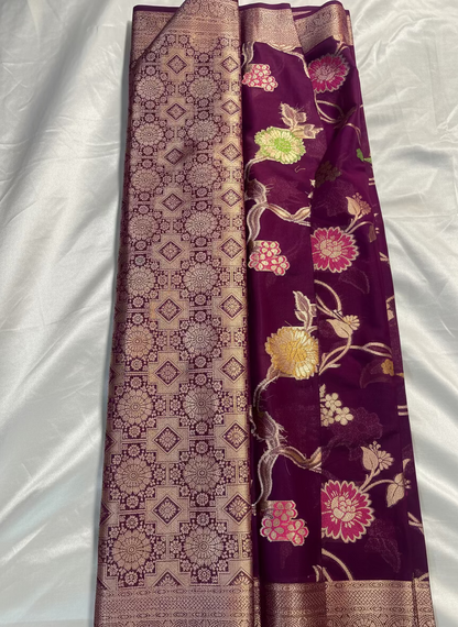 Maroon Banarasi Katan Georgette Saree with Multicolour Flower Meenakari Pattern - Traditional Wear