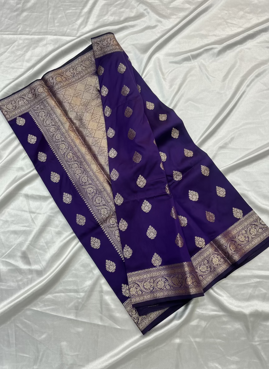 Purple Banarasi Katan Mashru Silk Saree with Water Zari Weaving- Traditional Wear