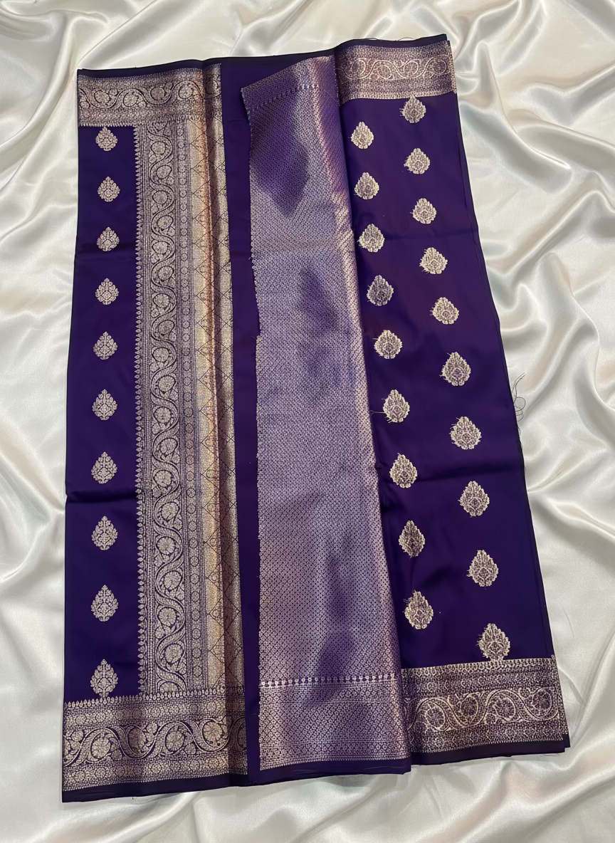 Purple Banarasi Katan Mashru Silk Saree with Water Zari Weaving- Traditional Wear