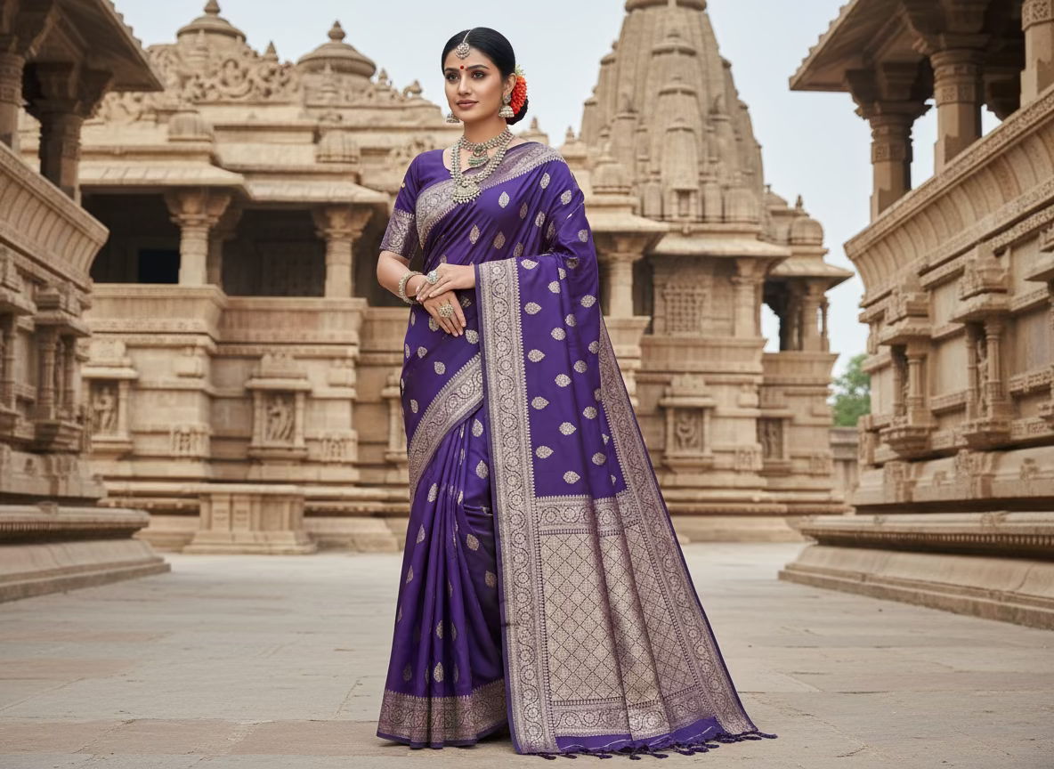 Purple Banarasi Katan Mashru Silk Saree with Water Zari Weaving- Traditional Wear