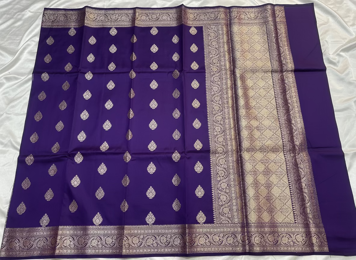 Purple Banarasi Katan Mashru Silk Saree with Water Zari Weaving- Traditional Wear