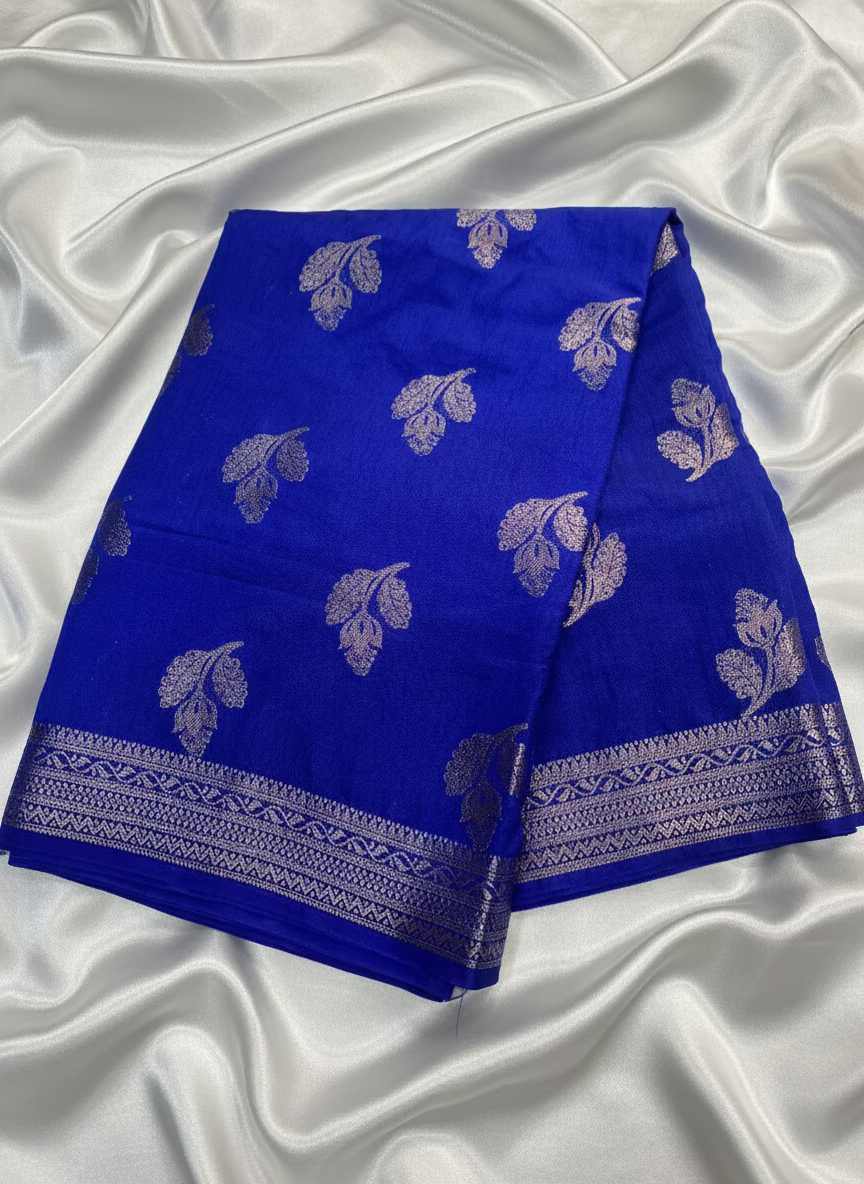 Royal Blue Banarasi Dola Silk with Silver Flower Patterned Weaving -Traditional Wear