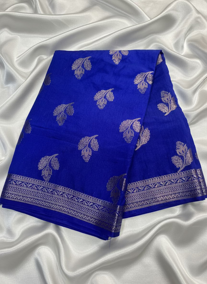 Royal Blue Banarasi Dola Silk with Silver Flower Patterned Weaving -Traditional Wear