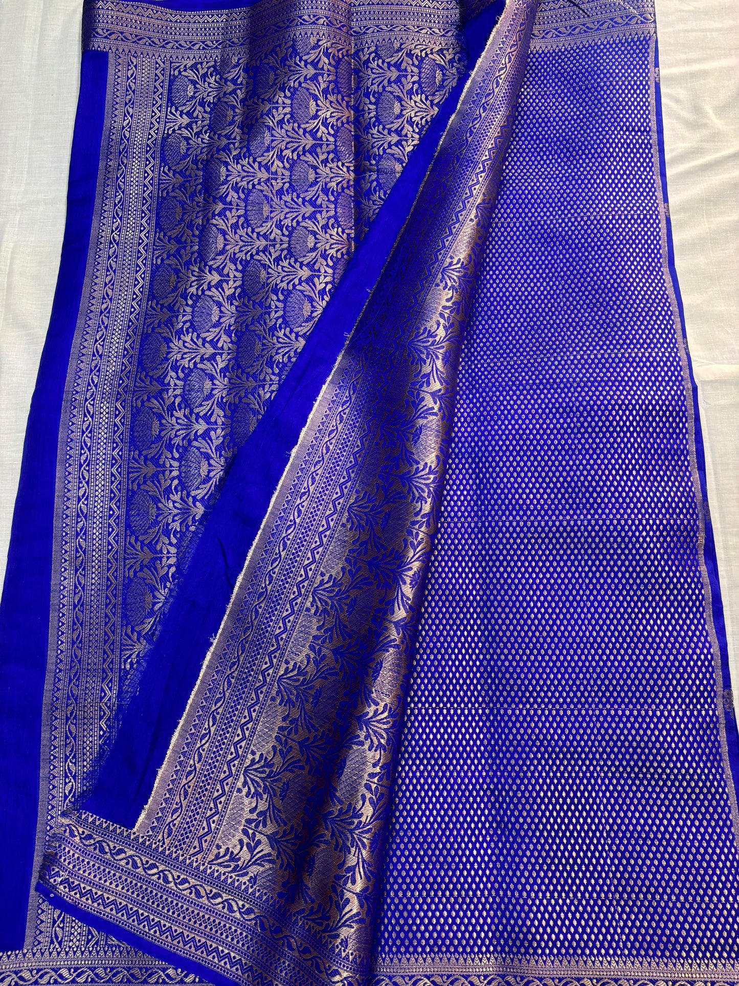 Royal Blue Banarasi Dola Silk with Silver Flower Patterned Weaving -Traditional Wear