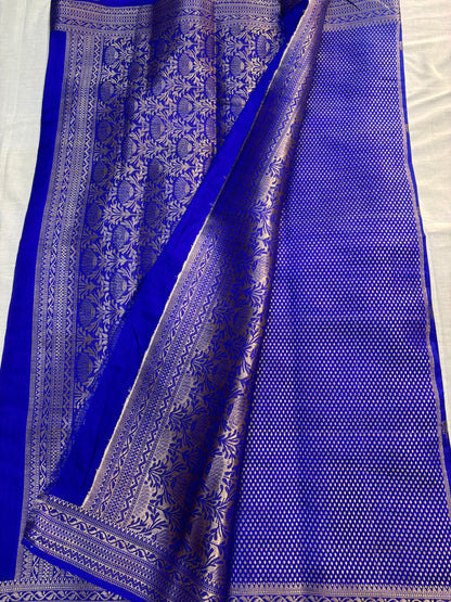 Royal Blue Banarasi Dola Silk with Silver Flower Patterned Weaving -Traditional Wear