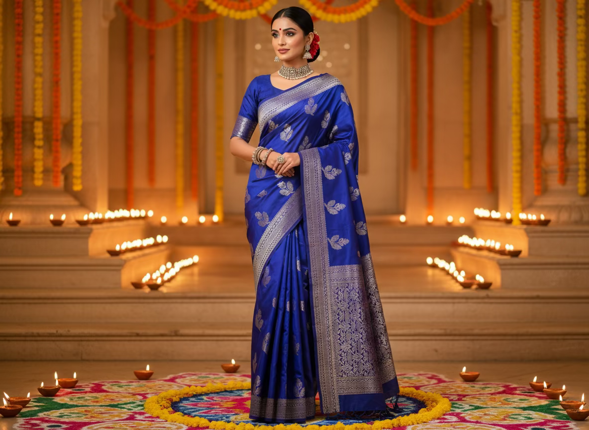 Royal Blue Banarasi Dola Silk with Silver Flower Patterned Weaving -Traditional Wear