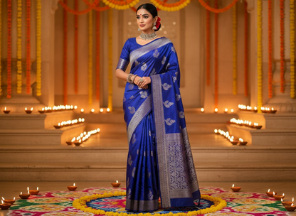 Royal Blue Banarasi Dola Silk with Silver Flower Patterned Weaving -Traditional Wear