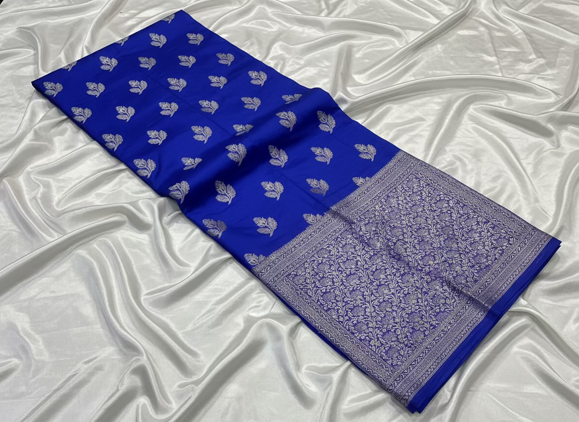 Royal Blue Banarasi Dola Silk with Silver Flower Patterned Weaving -Traditional Wear