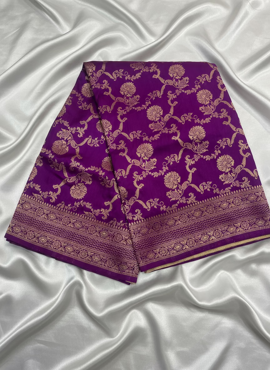 Purple Banarasi Mashru Satin Silk Saree with Water Zari Weaving- Designer Ethnic Wear