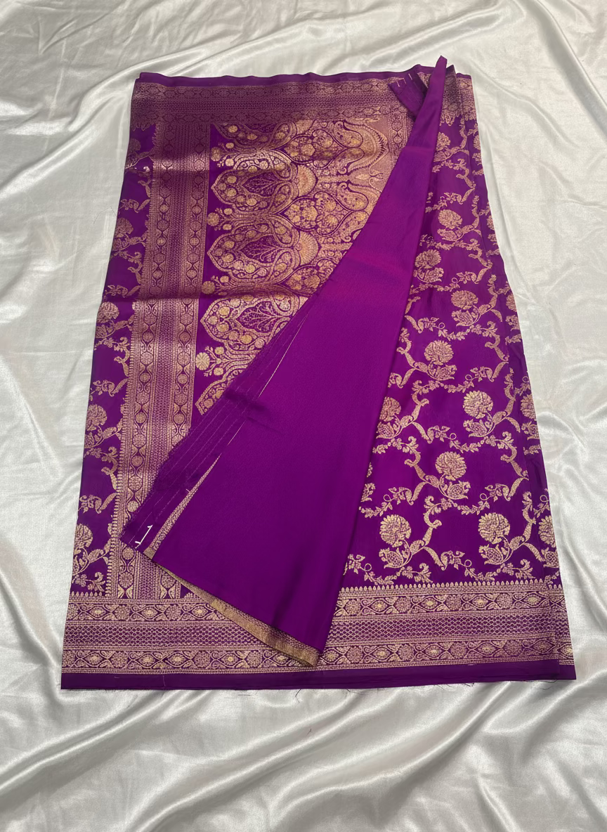 Purple Banarasi Mashru Satin Silk Saree with Water Zari Weaving- Designer Ethnic Wear