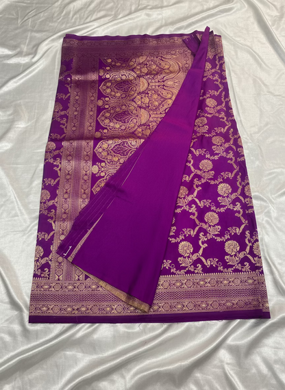Purple Banarasi Mashru Satin Silk Saree with Water Zari Weaving- Designer Ethnic Wear