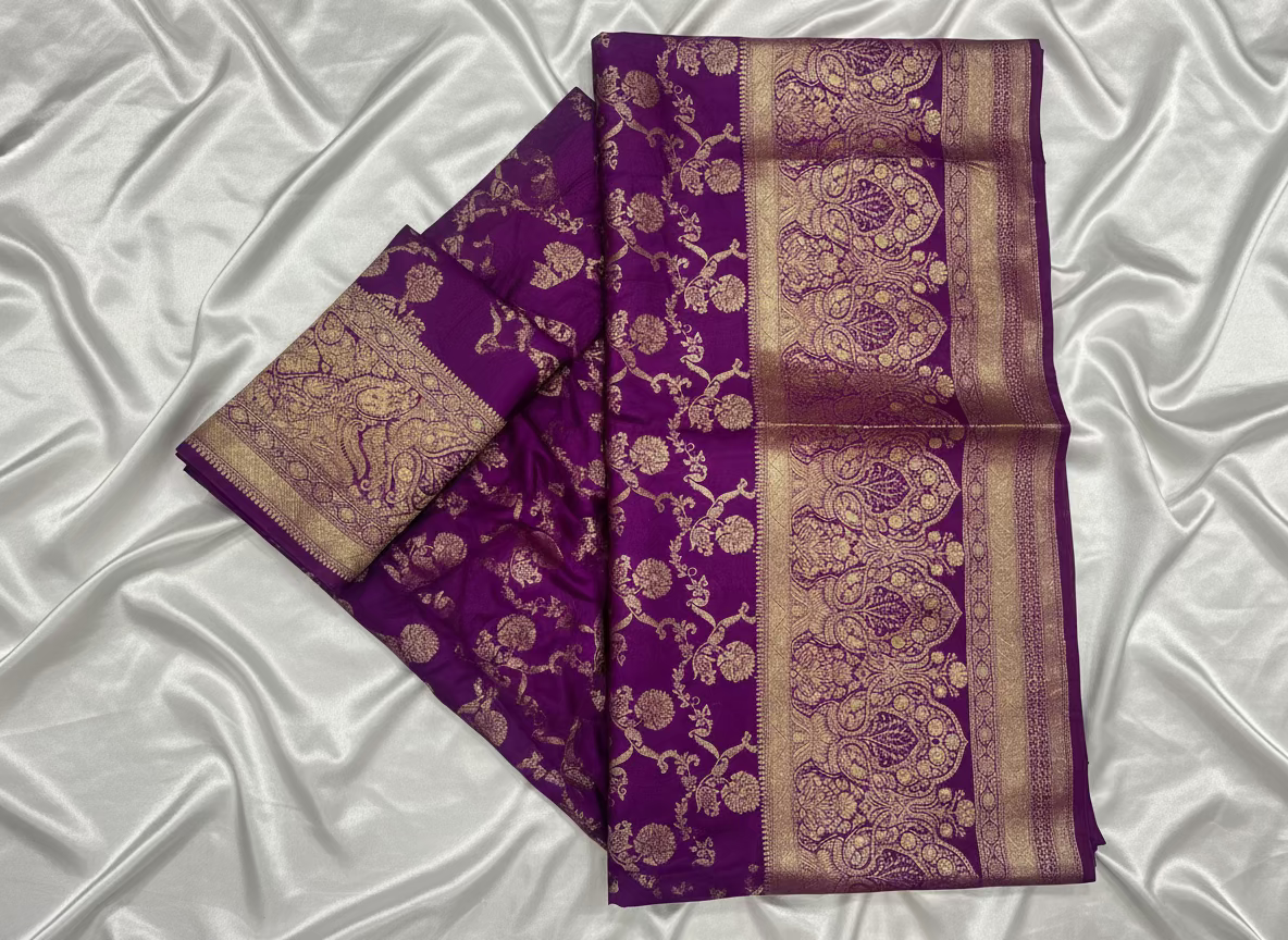 Purple Banarasi Mashru Satin Silk Saree with Water Zari Weaving- Designer Ethnic Wear