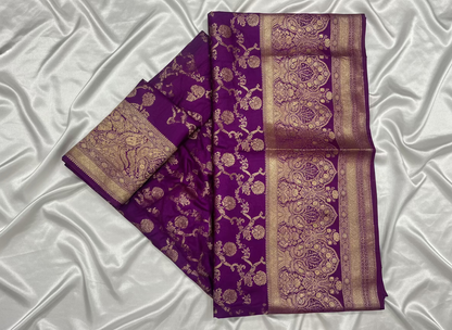 Purple Banarasi Mashru Satin Silk Saree with Water Zari Weaving- Designer Ethnic Wear