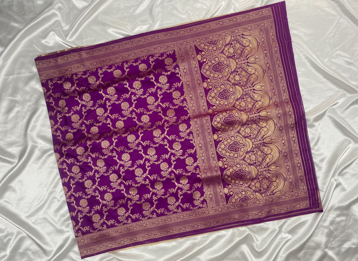 Purple Banarasi Mashru Satin Silk Saree with Water Zari Weaving- Designer Ethnic Wear