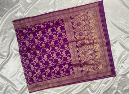 Purple Banarasi Mashru Satin Silk Saree with Water Zari Weaving- Designer Ethnic Wear