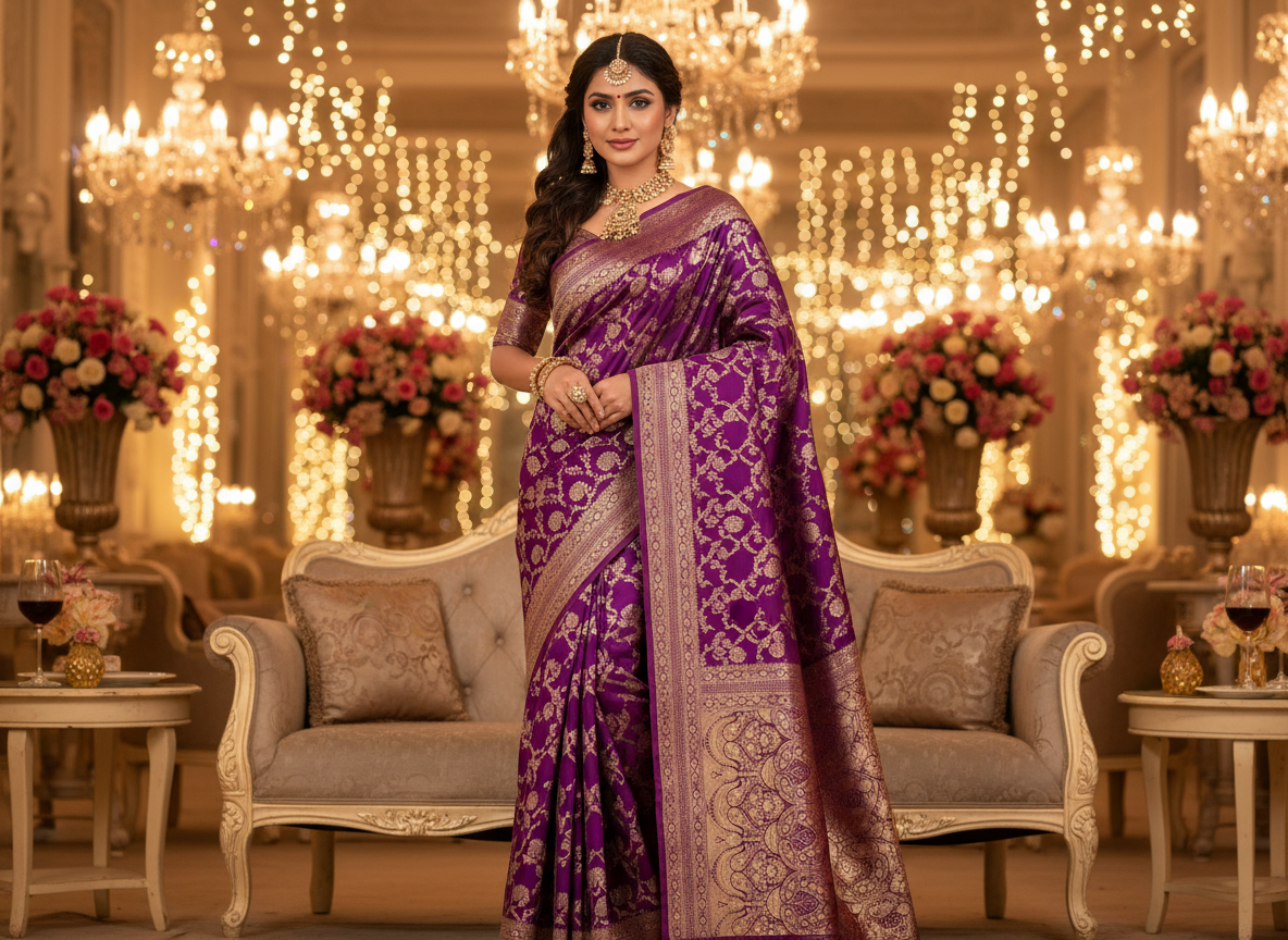 Purple Banarasi Mashru Satin Silk Saree with Water Zari Weaving- Designer Ethnic Wear