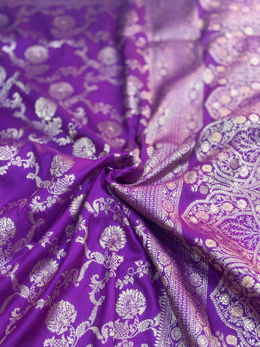 Purple Banarasi Mashru Satin Silk Saree with Water Zari Weaving- Designer Ethnic Wear