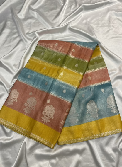 ಬನಾರಸಿ ಹಳದಿ ಬಣ್ಣ, ನೀಲಿ ಬಣ್ಣದ ಕೋರಾ ಆರ್ಗನ್ಜಾ ಸಿಲ್ಕ್, ಬಹುವರ್ಣದ ಹೂವಿನ ವಿನ್ಯಾಸಗಳೊಂದಿಗೆ - ಡಿಸೈನರ್ ಪಾರ್ಟಿ ವೇರ್