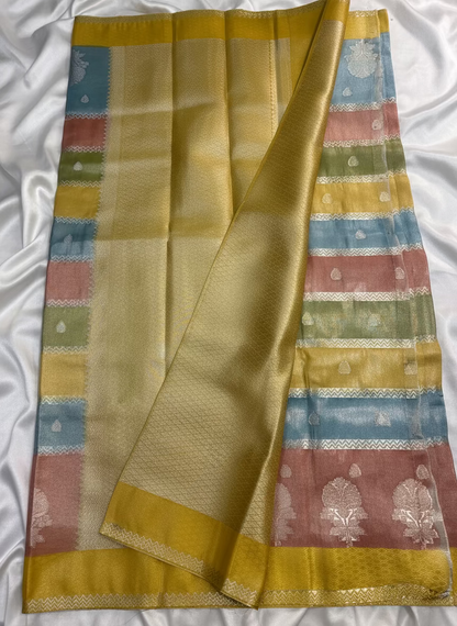 ಬನಾರಸಿ ಹಳದಿ ಬಣ್ಣ, ನೀಲಿ ಬಣ್ಣದ ಕೋರಾ ಆರ್ಗನ್ಜಾ ಸಿಲ್ಕ್, ಬಹುವರ್ಣದ ಹೂವಿನ ವಿನ್ಯಾಸಗಳೊಂದಿಗೆ - ಡಿಸೈನರ್ ಪಾರ್ಟಿ ವೇರ್