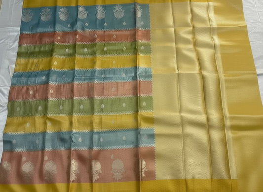 Banarasi Yellow with Blue Kora Organza Silk with Multicolour Floral Motifs - Designer Party Wear