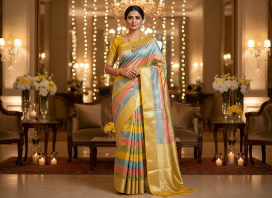 Banarasi Yellow with Blue Kora Organza Silk with Multicolour Floral Motifs - Designer Party Wear