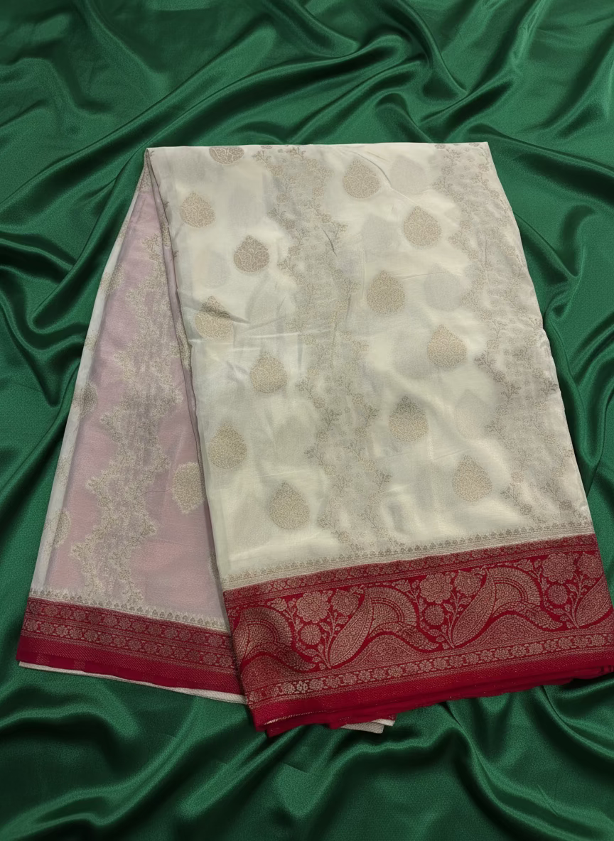 White & Red Banarasi Crape Silk Saree with Floral Butta and Vertical Jaal Design - Traditional Wear