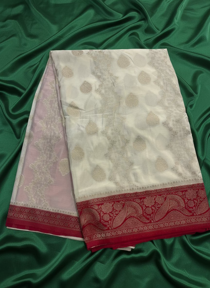 White & Red Banarasi Crape Silk Saree with Floral Butta and Vertical Jaal Design - Traditional Wear