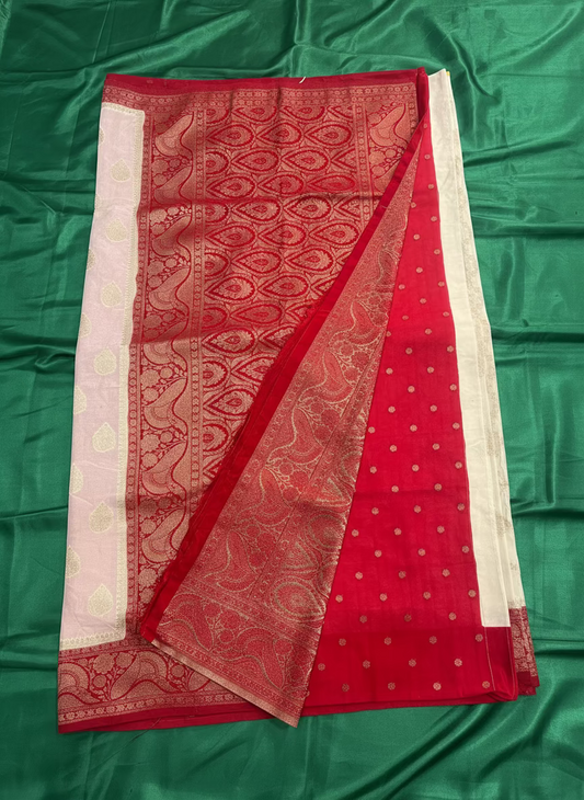 White & Red Banarasi Crape Silk Saree with Floral Butta and Vertical Jaal Design - Traditional Wear