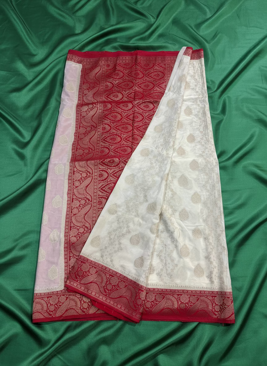 White & Red Banarasi Crape Silk Saree with Floral Butta and Vertical Jaal Design - Traditional Wear
