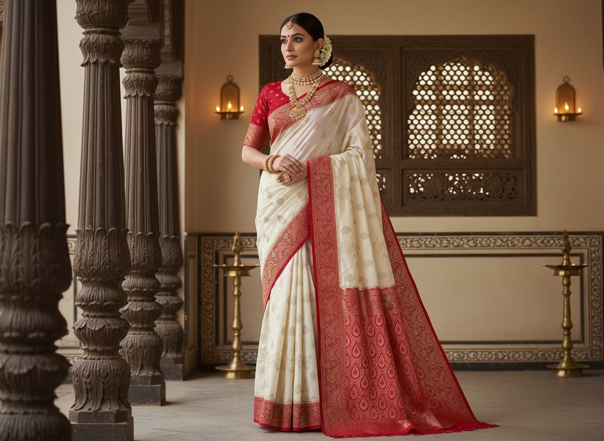 White & Red Banarasi Crape Silk Saree with Floral Butta and Vertical Jaal Design - Traditional Wear