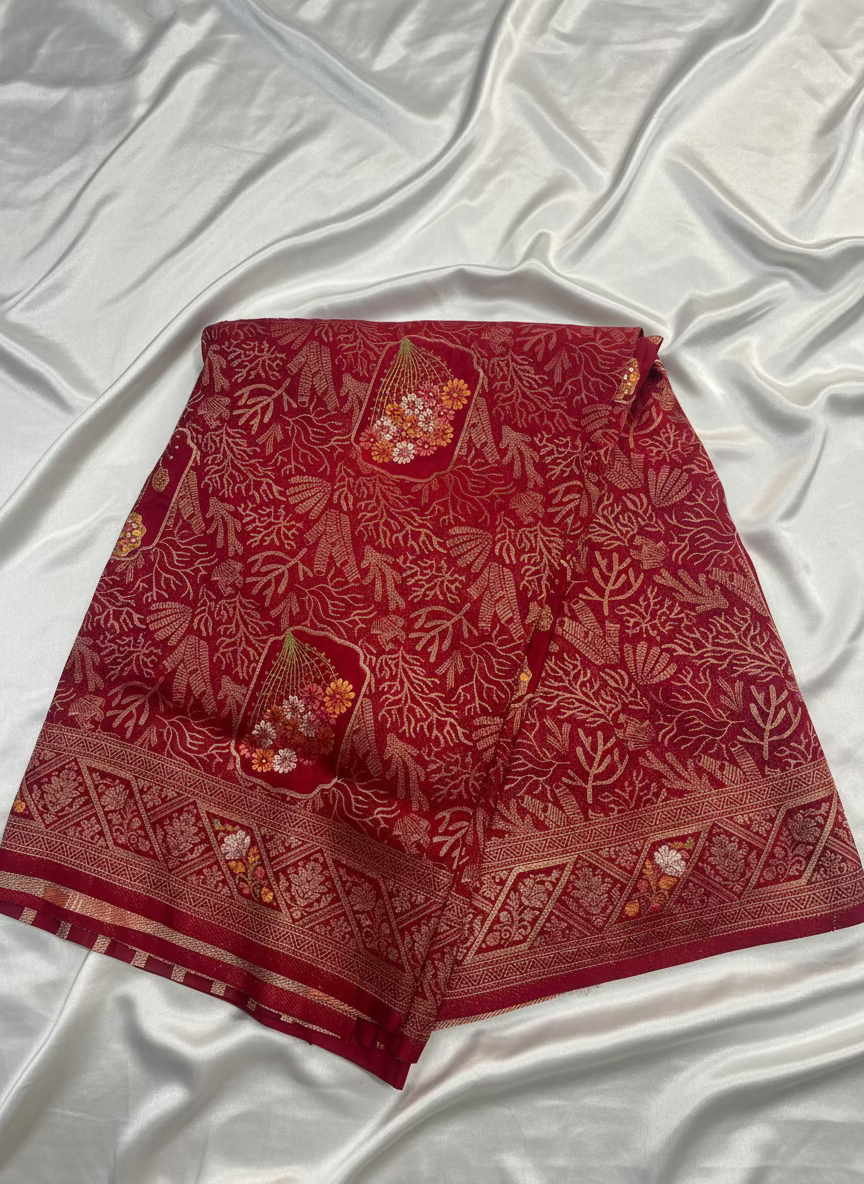 Red Banarasi Dola Silk Saree with Tanchui Tilfi Design - Designer Party Wear