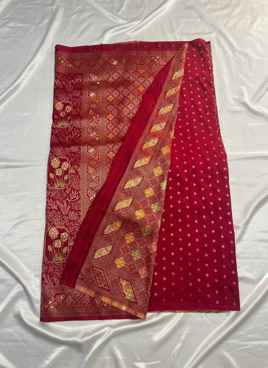 Red Banarasi Dola Silk Saree with Tanchui Tilfi Design - Designer Party Wear
