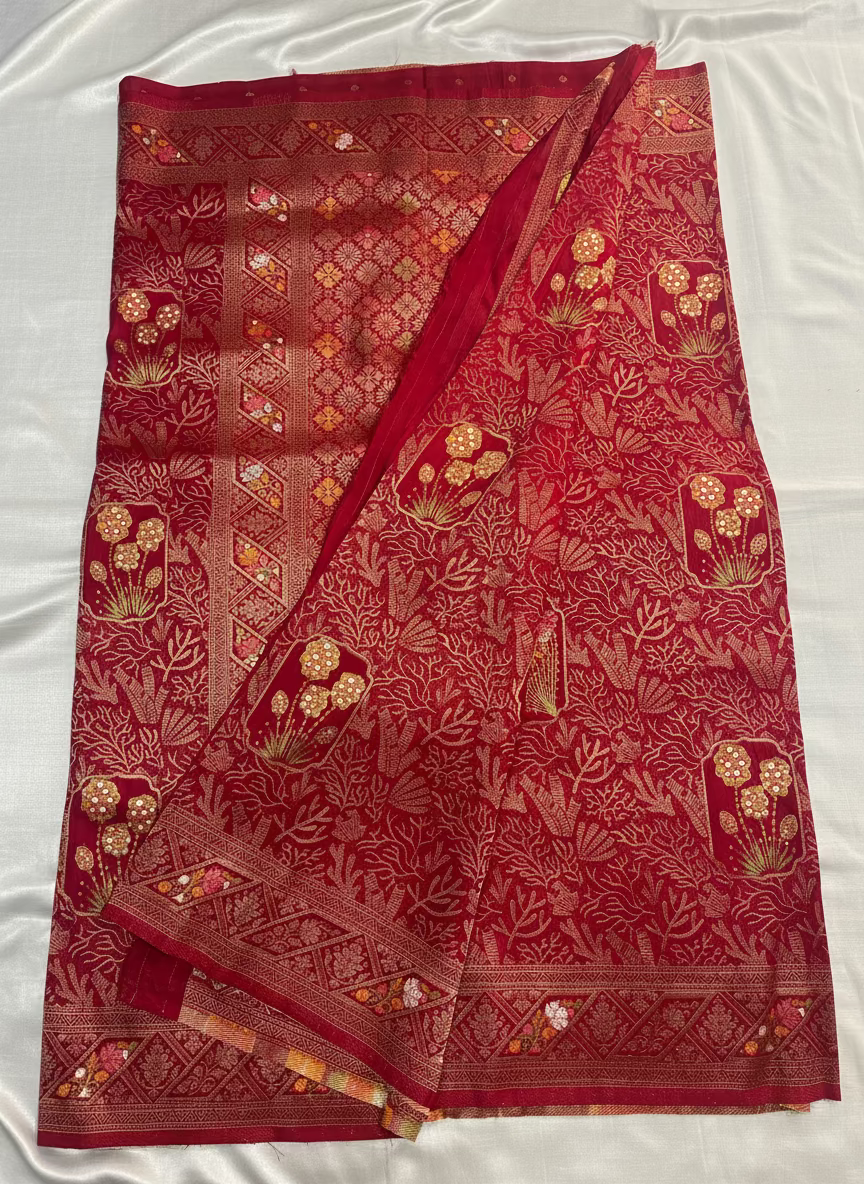 Red Banarasi Dola Silk Saree with Tanchui Tilfi Design - Designer Party Wear
