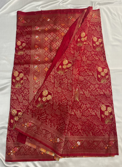 Red Banarasi Dola Silk Saree with Tanchui Tilfi Design - Designer Party Wear