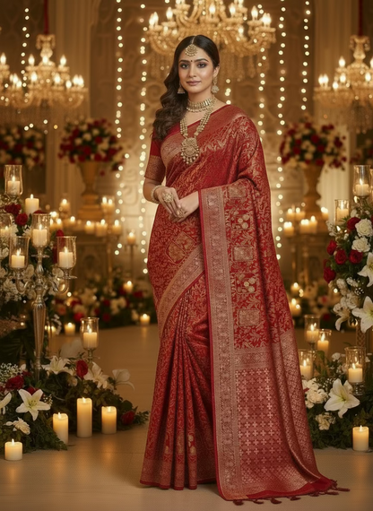 Red Banarasi Dola Silk Saree with Tanchui Tilfi Design - Designer Party Wear