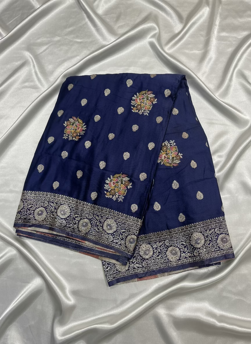 Navy Blue Banarasi Crape Silk Saree with Meenakari Floral Design with Rich Pallu - Designer Traditional wear