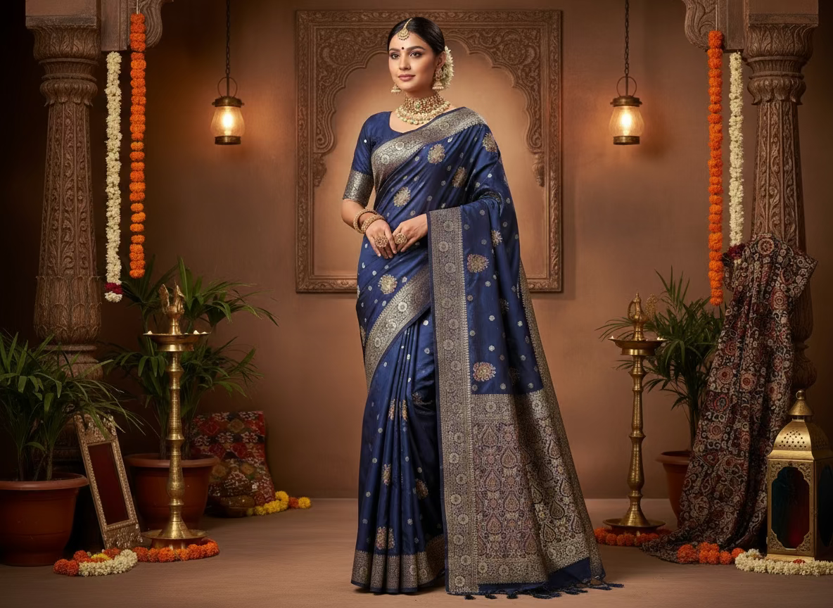 Navy Blue Banarasi Crape Silk Saree with Meenakari Floral Design with Rich Pallu - Designer Traditional wear
