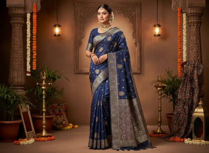 Navy Blue Banarasi Crape Silk Saree with Meenakari Floral Design with Rich Pallu - Designer Traditional wear