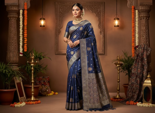 Navy Blue Banarasi Crape Silk Saree with Meenakari Floral Design with Rich Pallu - Designer Traditional wear