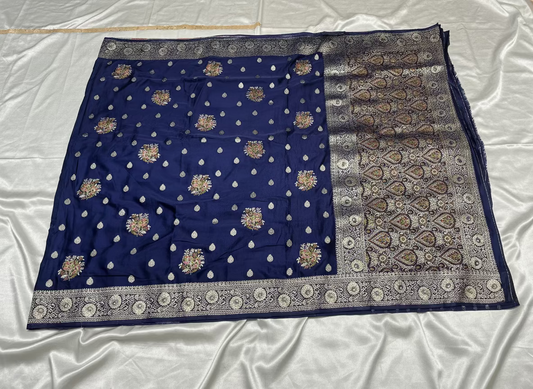 Navy Blue Banarasi Crape Silk Saree with Meenakari Floral Design with Rich Pallu - Designer Traditional wear