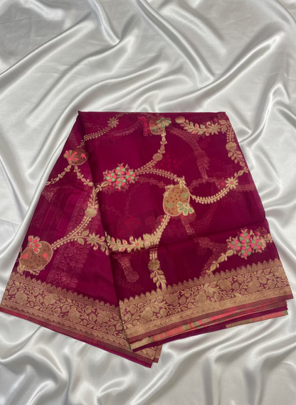 Magenta Banarasi Tissue Silk Saree with Jaal Weaving -  Designer Ethnic Wear