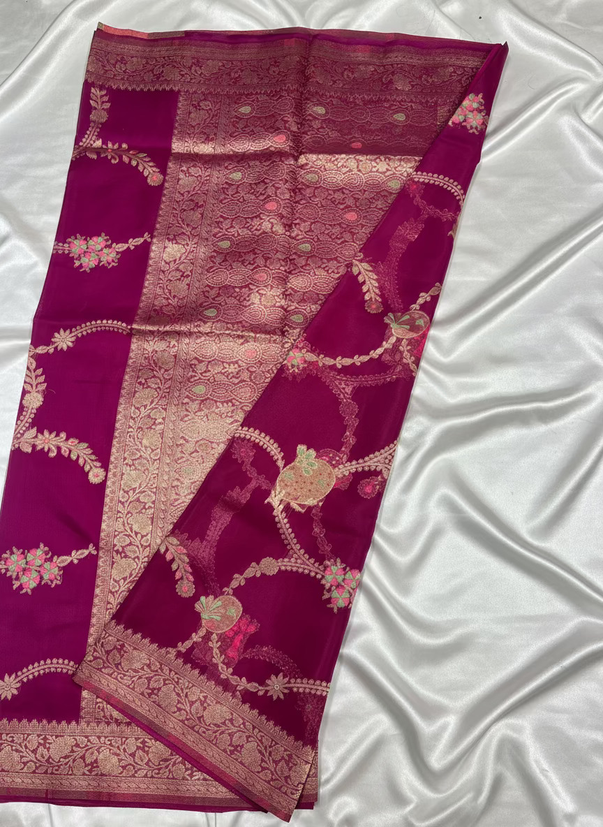 Magenta Banarasi Tissue Silk Saree with Jaal Weaving -  Designer Ethnic Wear