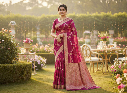 Magenta Banarasi Tissue Silk Saree with Jaal Weaving -  Designer Ethnic Wear