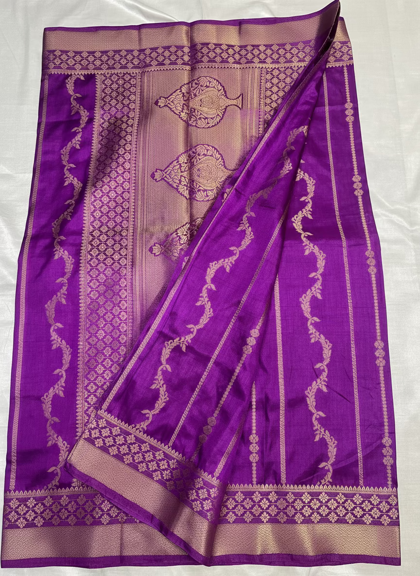 Purple Banarasi Dola Silk Saree with Vertical Jaal & Lines Design - Traditional Wear